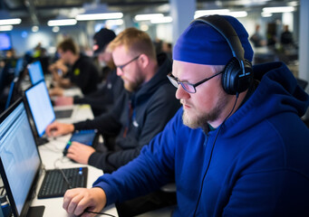 An adult bearded man in headphones works at a computer in an open office. Production support employee. Ai generated.