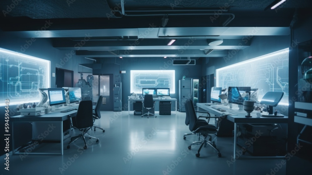 Poster a room filled with lots of computers and desks. ai generative image.