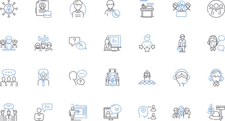 Colleague line icons collection. Teamwork, Professionalism, Support, Collaboration, Empathy, Dependable, Motivated vector and linear illustration. Trusrthy,Committed,Diligent outline signs set