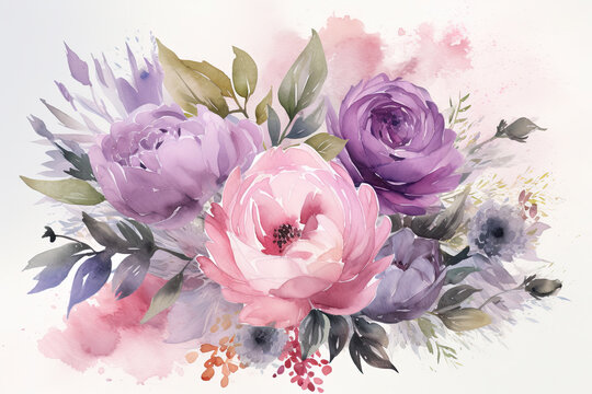 Illustrate a delicate watercolor image of a romantic bouquet of pastel pink and lavender flowers, with soft and graceful brushstrokes