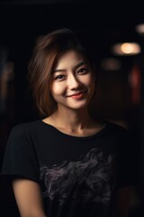 Young Asian looking woman wearing a black t-shirt with a playful expression, standing against the blurred background of a club interior. Created with generative A.I. technology.