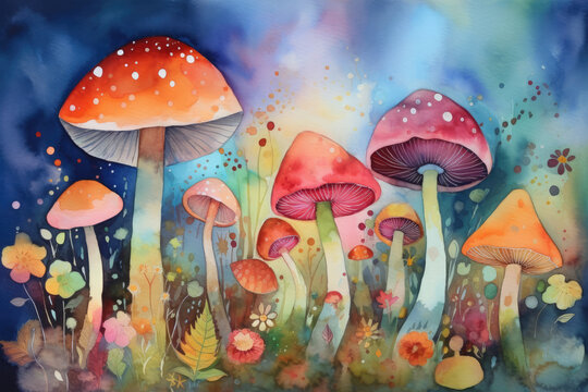 Create a playful and whimsical watercolor painting of a group of smiling mushrooms surrounded by a garden of vibrant and bold flowers of different shapes and sizes
