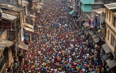 Street of the city full of people. Overpopulation. Generative AI technology.