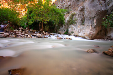 The scenic view of Saklıkent canyon, 300 m deep and 18 km long, being one of the deepest in the...