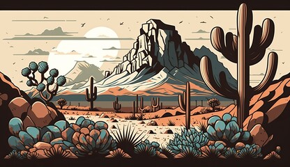 AI Generative. AI Generated. Mountain desert texas landscape. Wild west western adventure explore inspirational vibe. Graphic Art Illustration.