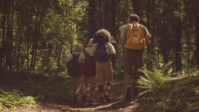 Full length back view shot of professional scouter with diverse scout troop of kids hiking on sunny trail in forest