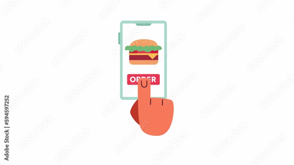 Poster burger order mobile app animation. animated choose cheeseburger to delivery 2d cartoon flat first vi