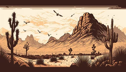 Zelfklevend Fotobehang AI Generative. AI Generated. Mountain desert texas landscape. Wild west western adventure explore inspirational vibe. Graphic Art Illustration. © Graphic Warrior