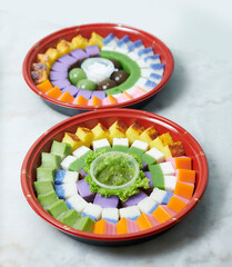 Assorted Nyonya sweet dessert or simply known as kueh or kuih. Traditional nyonya kuih platter.