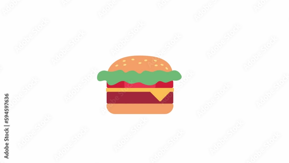 Poster animated juicy cheeseburger. flat cartoon style icon 4k video footage for web design. springy fast f