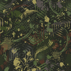 Abstract green camouflage pattern with splattered paint, paint brush strokes, leaves, hexagons. Dense chaotic composition For apparel, fabric, textile, sport goods Grunge texture