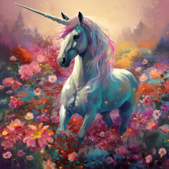 Obraz na płótnie Canvas Enchanted unicorn in floral haven, majestic mythical creature, horse in natural landscape painting, ecoregion, nature, organism, generative AI.