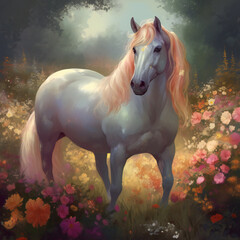 Obraz na płótnie Canvas Enchanted unicorn in floral haven, majestic white horse with flowers, nature painting, atmospheric art, generative AI.