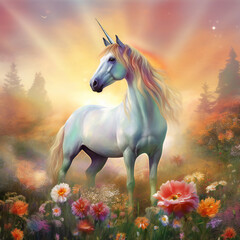 Obraz na płótnie Canvas Enchanted unicorn in floral haven with flowers, natural landscape painting with atmospheric phenomenon, generative AI.