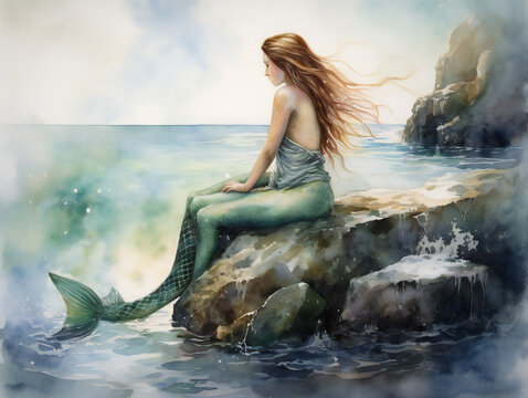 "Happy mermaid contemplating ocean, sitting on rock, with cloud and sunlight reflection, CG artwork", generative AI