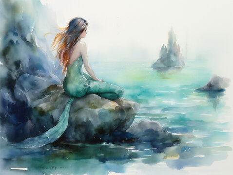 "Mermaid sitting on rocks, contemplating ocean, with natural landscape and sky, mythical creature art painting, CG artwork, happy, generative AI"