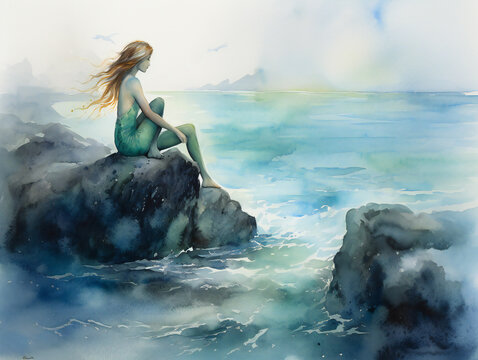 "Mermaid contemplating ocean, sitting on rocks, water, natural landscape, CG artwork, happy, painted in detail, generative AI"