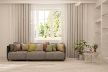 Bright interior design with modern furniture and summer landscape in window. 3D illustration