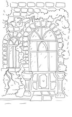Old courtyard window door weaving plants old masonry hand drawn coloring graphics on a white background