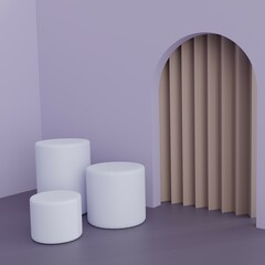Set realistic 3d cylinder stand podium in arch window. Vector abstract studio room with geometric platform. Minimal wall scene for products showcase, Promotion display.