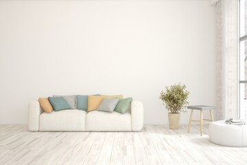 White living room with sofa. Scandinavian interior design. 3D illustration