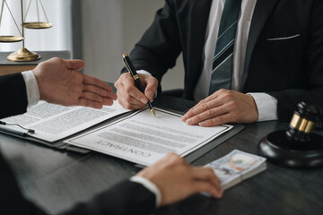 business woman offers bribes to lawyers To help with legal matters in court, bribes corruption illegal fraud bribery concept.