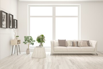 White living room with sofa. Scandinavian interior design. 3D illustration