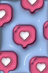  Notification background of heart element inflated with plastic effect, 3D render illustration