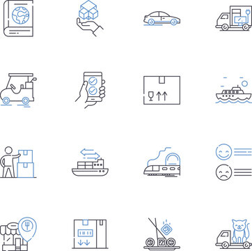 Logistics services line icons collection. Warehousing, Transportation, Distribution, Shipping, Freight, Supply chain, Inventory vector and linear illustration. Loading,Unloading,Packaging outline