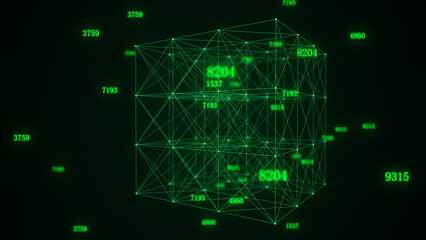Futuristic cube of particles and lines. Network connection big data. Abstract technology background. 3d rendering.