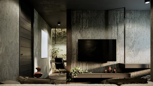 Living room interior design and decoration in loft style, tv on stone wall. 3d rendering 4K video animation scene
