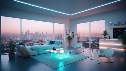 Fototapeta na wymiar Futuristic Cityscape Living Room 1. Generative AI