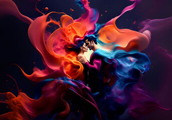 Couple of man and woman embrance in colorful magic and mystical waves of color. two lovers embrace in a surreal world of colored liquid that envelops them in a fantasy dream. Generative ai.