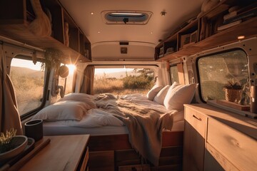 A Bed In The Back Of A Van With A Window Open Bedroom Travel Photography Solo Travel Generative AI