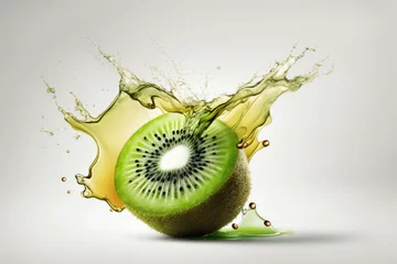 Poster A stunning image of a fresh green Kiwi fruit captured in mid-splash, surrounded by a vibrant burst of water droplets and frozen under a clear ice cube. © PHOTRIX