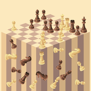 Abstract background with a cubic chessboard. Background for the text. A strategic sports game. Vector illustration. A checkered board made of wood with wooden figures. The pieces play and fall.