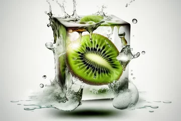Poster A stunning image of a fresh green Kiwi fruit captured in mid-splash, surrounded by a vibrant burst of water droplets and frozen under a clear ice cube. © PHOTRIX