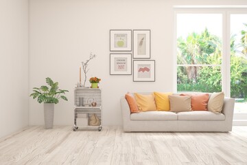 Modern interior concept with sofa and summer landscape in window. 3D illustration