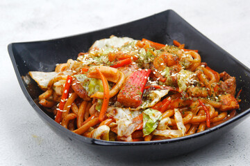 Freshly cooked Japanese food called Seafood Yaki Udon
