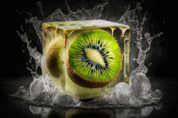 A stunning image of a fresh green Kiwi fruit captured in mid-splash, surrounded by a vibrant burst of water droplets and frozen under a clear ice cube.