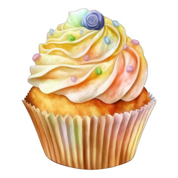Watercolor drawing of dessert. Pastel Fancy Cupcake illustration.