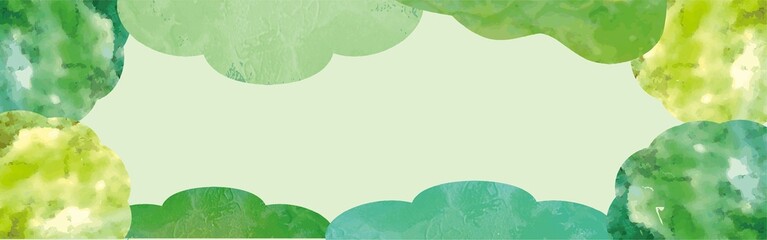 バナー　フレーム　水彩　手描き　夏　森　木　緑　風景　背景　デザイン　コピースペース　イラスト素材