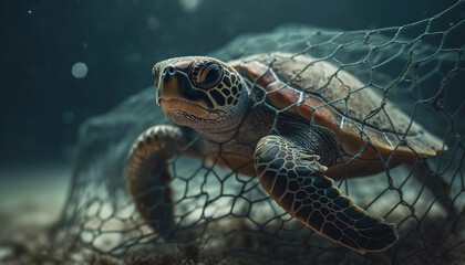 Fototapeta premium Turtles caught in nets, marine pollution, ecosystem threat. Generative AI technology.