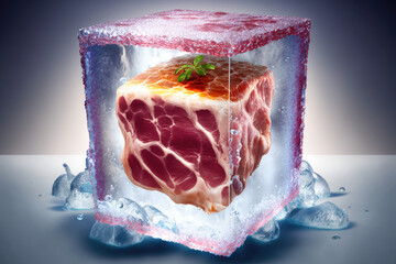 A unique and eye-catching image showcasing raw meat preserved under a clear ice cube, symbolizing the freshness and quality of premium cuts of meat.