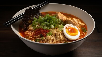 A bowl of spicy chicken ramen with tender chunks of chicken, mushrooms, bean sprouts, and scallions