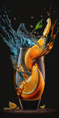 orange juice splash into glass A stunning image capturing the moment when fresh orange juice is poured into a glass, creating a refreshing and invigorating splash that captures the essence of this bel