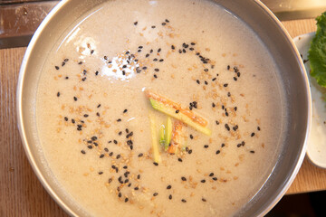 South Korea food. Perilla Seed Sujebi (Handpulled Dough Soup)