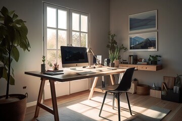 A Desk With A Computer And A Chair In A Room With A Window Rustic Farm Interior Photorealism Interior Design Generative AI