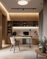 Fototapeta premium A Modern Home Office With A Desk And Chair And A Large Window Bedroom Minimalism Interior Design Generative AI