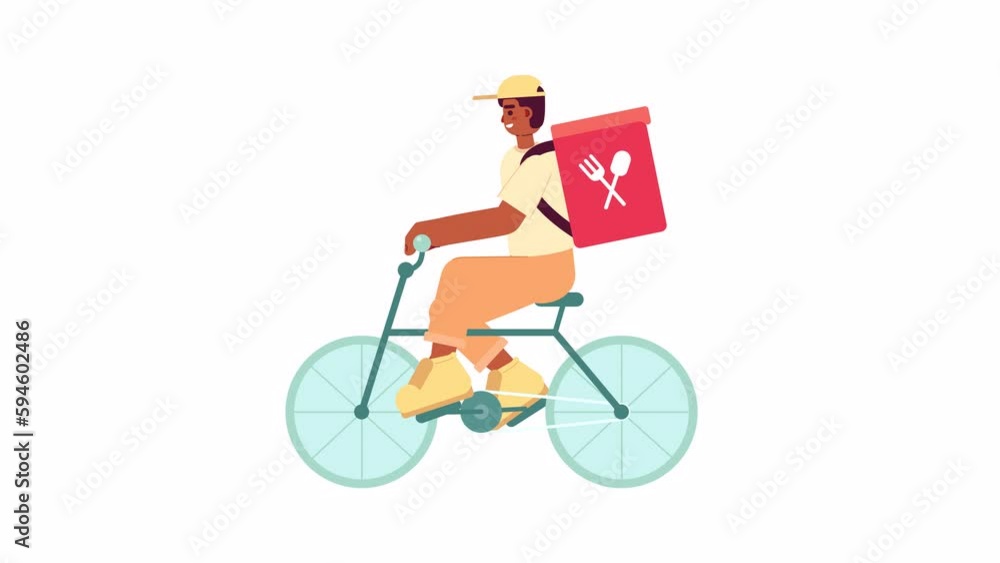 Poster food delivery on bicycle animation. guy transporting prepared meals in backpack isolated 2d cartoon 